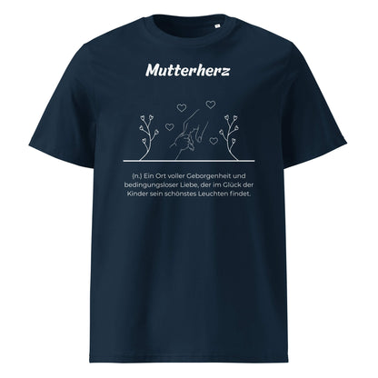 Geschenk T-Shirt - Mutterherz T-Shirt in Marineblau aus 180/m² Bio-Baumwolle, Premium Edition, Frontansicht mit weißem Print