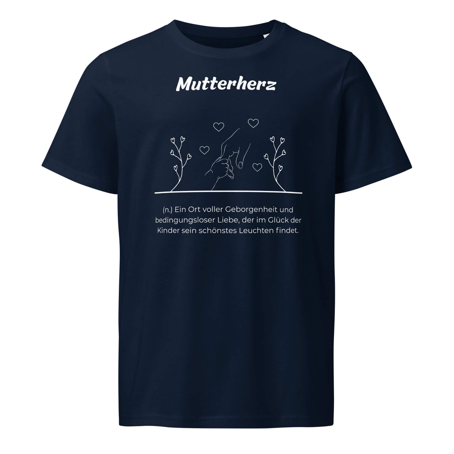 Geschenk T-Shirt - Mutterherz T-Shirt in Marineblau aus 155g/m² Bio-Baumwolle, Res5 Edition, Frontansicht mit weißem Print