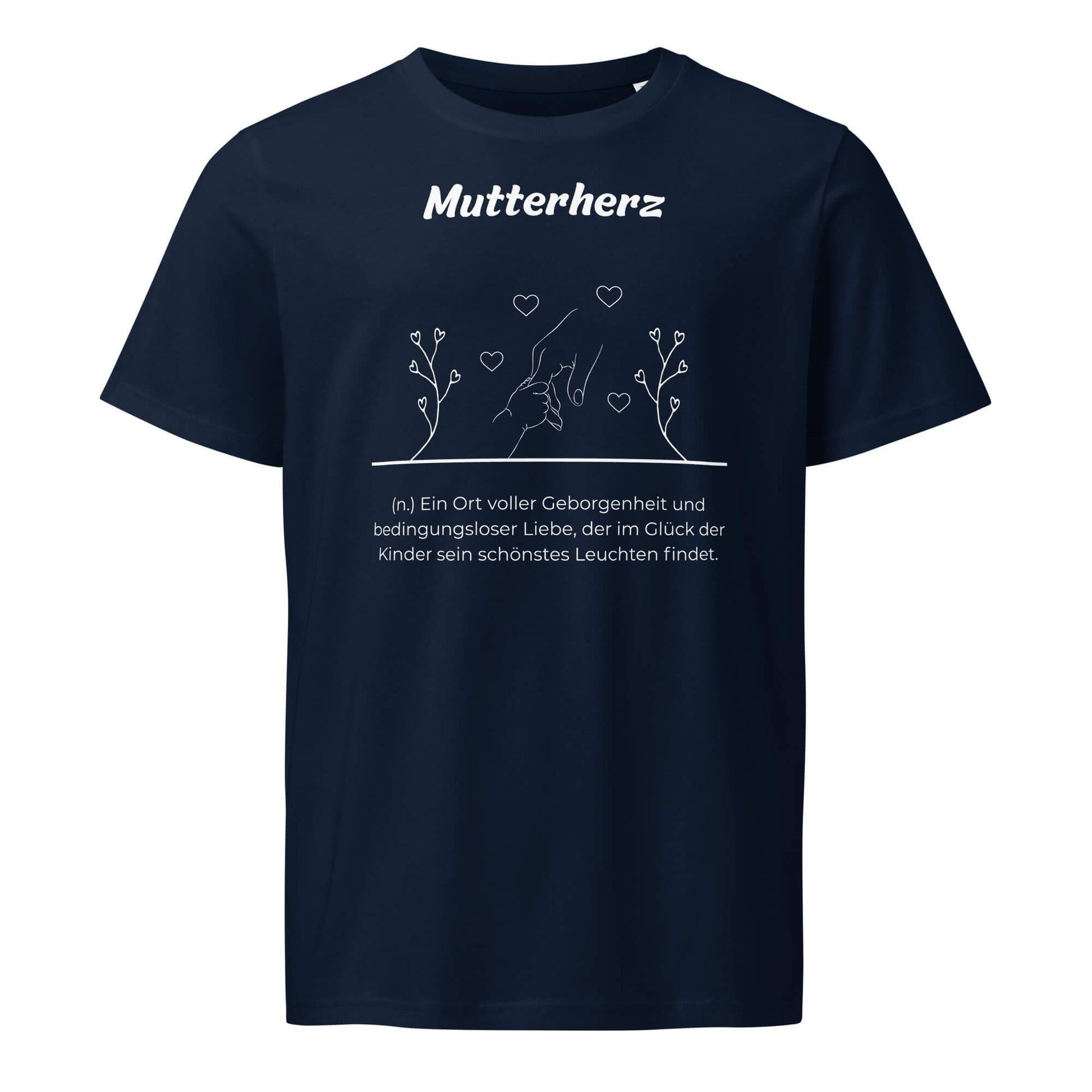 Geschenk T-Shirt - Mutterherz T-Shirt in Marineblau aus 155g/m² Bio-Baumwolle, Res5 Edition, Frontansicht mit weißem Print