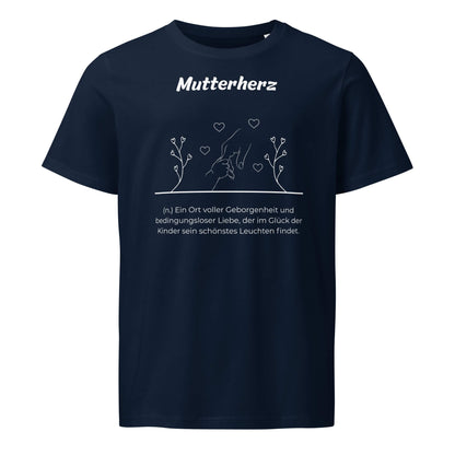 Geschenk T-Shirt - Mutterherz T-Shirt in Marineblau aus 155g/m² Bio-Baumwolle, Res5 Edition, Frontansicht mit weißem Print