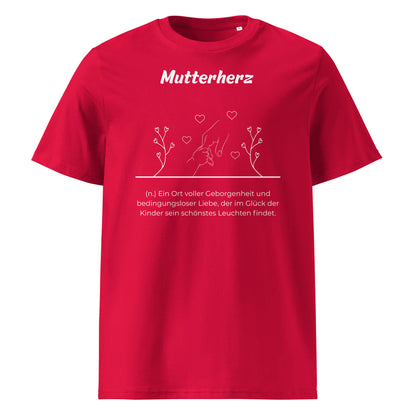 Geschenk T-Shirt - Mutterherz T-Shirt in Red aus 180/m² Bio-Baumwolle, Premium Edition, Frontansicht mit weißem Print
