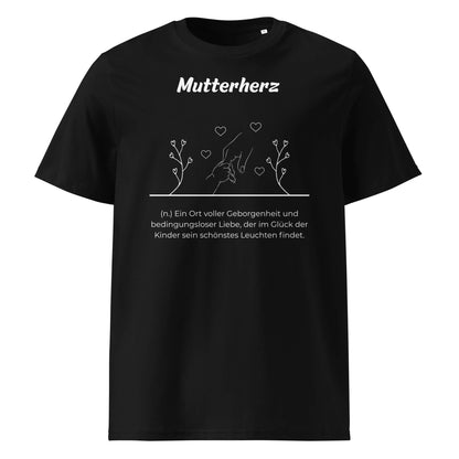 Geschenk T-Shirt - Mutterherz T-Shirt in Schwarz aus 180/m² Bio-Baumwolle, Premium Edition, Frontansicht mit weißem Print