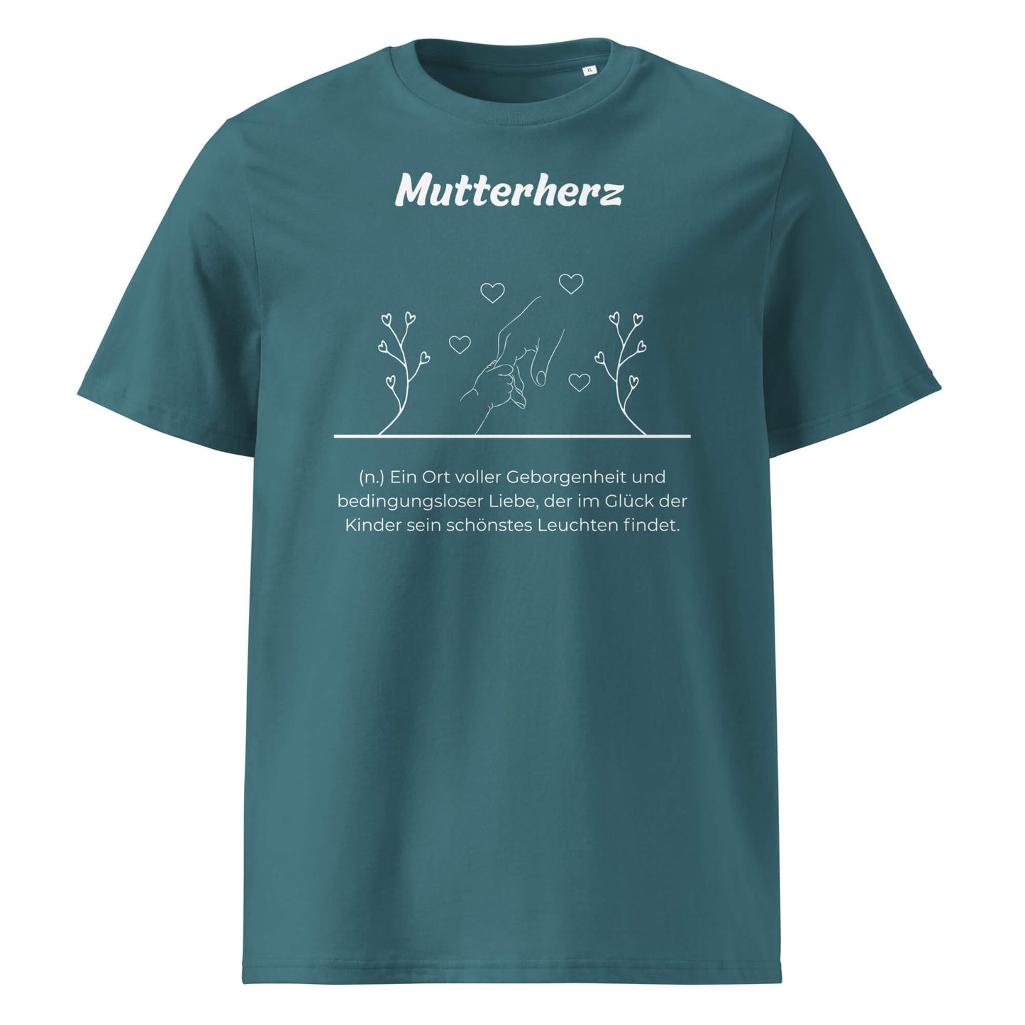 Geschenk T-Shirt - Mutterherz T-Shirt in Stargazer aus 180/m² Bio-Baumwolle, Premium Edition, Frontansicht mit weißem Print