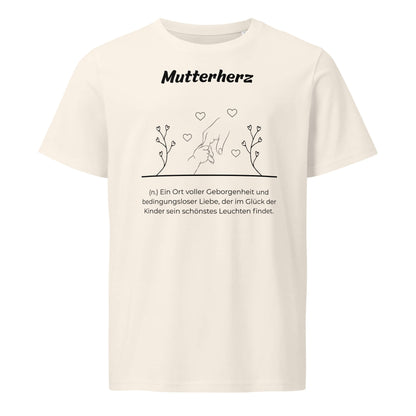 Geschenk T-Shirt - Mutterherz T-Shirt in Vintage White aus 155g/m² Bio-Baumwolle, Res5 Edition, Frontansicht mit weißem Print