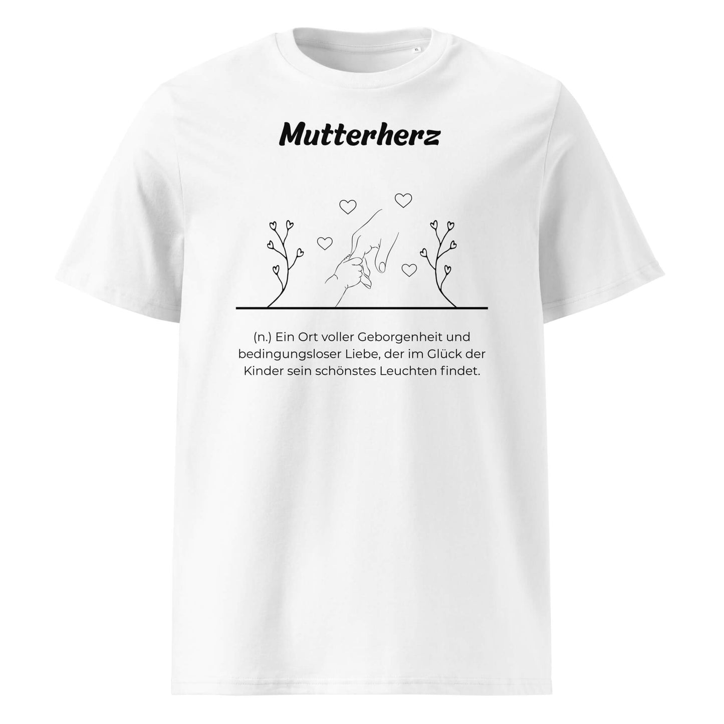 Geschenk T-Shirt - Mutterherz T-Shirt in Weiß aus 180/m² Bio-Baumwolle, Premium Edition, Frontansicht mit schwarzem Print
