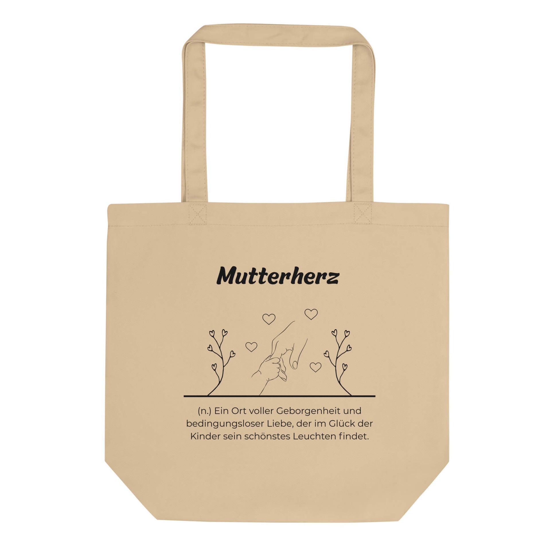 Geschenk Einkaufstasche - Mutterherz Tasche in Khaki aus Bio-Baumwolle - Res5 Edition - Frontansicht mit schwarzem Print