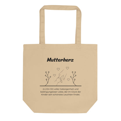Geschenk Einkaufstasche - Mutterherz Tasche in Khaki aus Bio-Baumwolle - Res5 Edition - Frontansicht mit schwarzem Print