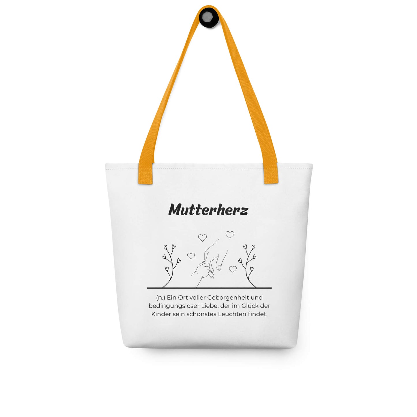 Geschenk Stofftasche - Mutterherz Tasche in Weiß-Gelb aus Polyester und Baumwolle - Premium Edition - Frontansicht hängend mit schwarzem Print
