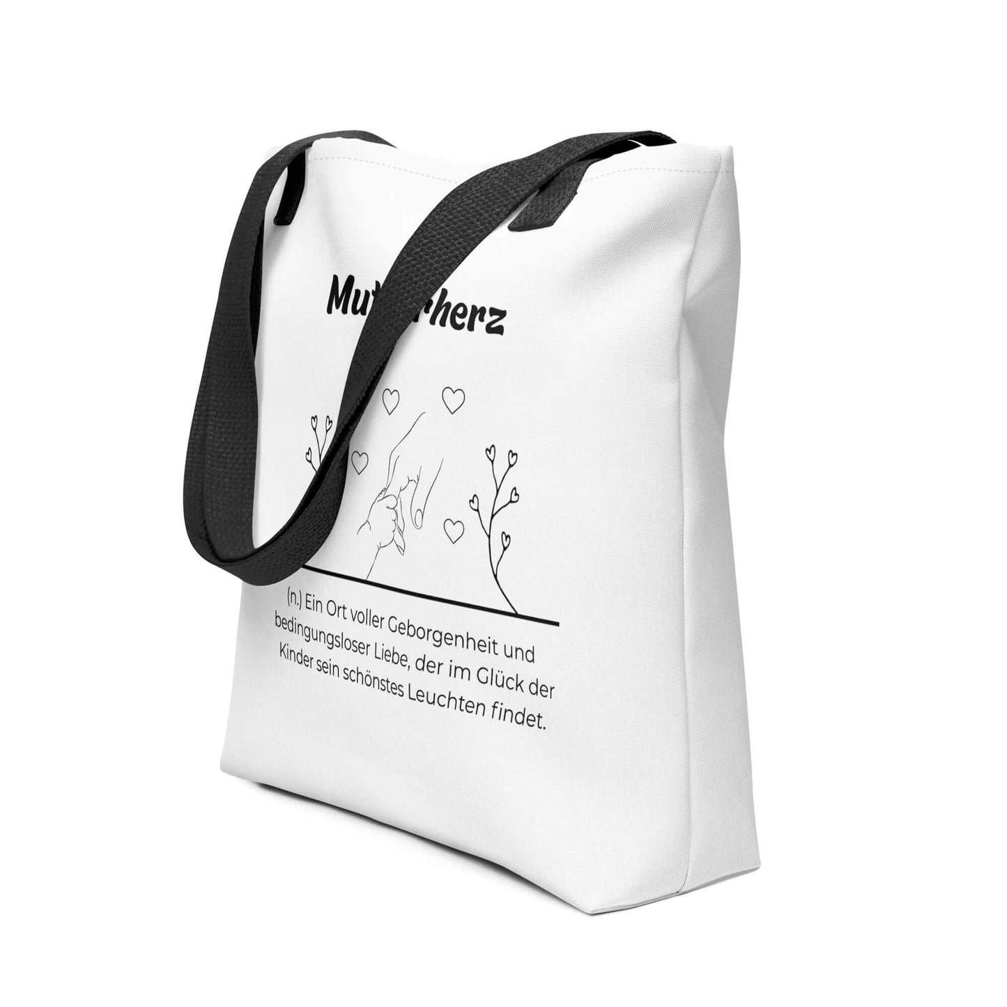 Geschenk Stofftasche - Mutterherz Tasche in Weiß-Schwarz aus Polyester und Baumwolle - Premium Edition - Frontansicht schräg mit schwarzem Print