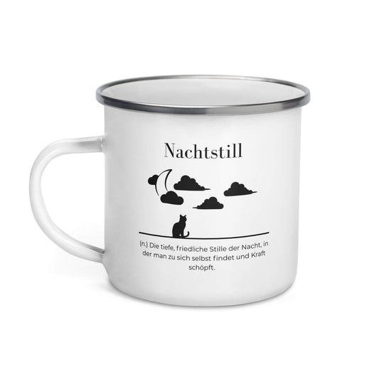 Nachtstill Emailletasse in Weiß - neues Wort für Stille und Kraft - Front mit Henkel links - Wortstolz Design