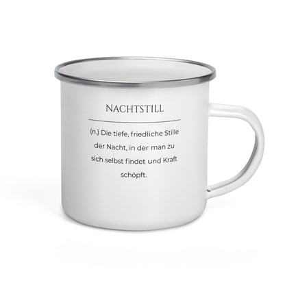 Nachtstill Emailletasse in Weiß - neues Wort für Stille und Kraft - Front mit Henkel rechts - Wortstolz Design