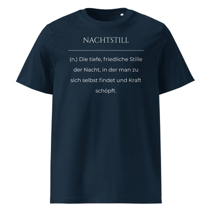 Nachtstill Premium T-Shirt in Marineblau aus Bio-Baumwolle - neues Wort für Stille und Kraft - Front - Wortstolz Design