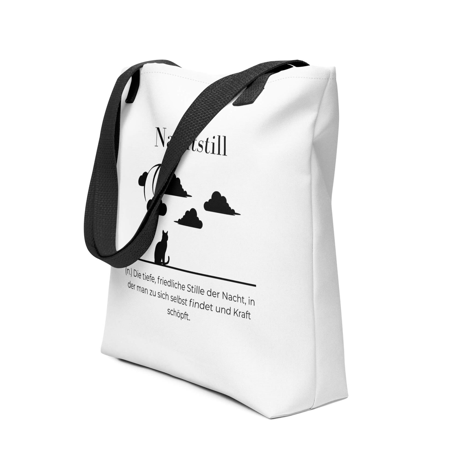 Nachtstill - Stofftasche in Black - White aus Polyester und Baumwolle - Premium Edition - Frontansicht schräg mit schwarzem Print