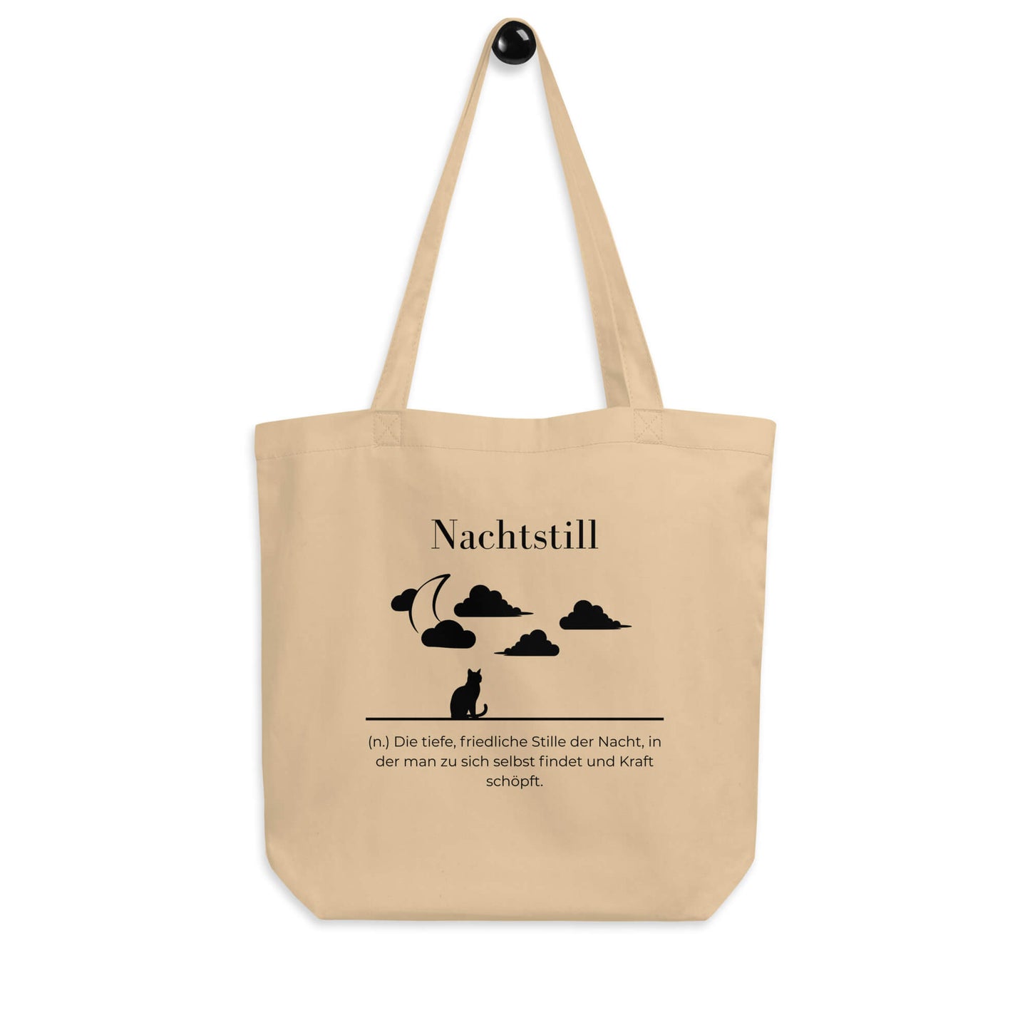 Nachtstill Bio-Stoffbeutel. Einkaufstasche in Oyster aus Bio-Baumwolle - Res5 Edition - Frontansicht hängend mit schwarzem Print