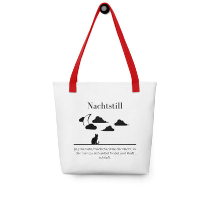 Nachtstill - Stofftasche in Red -White aus Polyester und Baumwolle - Premium Edition - Frontansicht hängend mit schwarzem Print