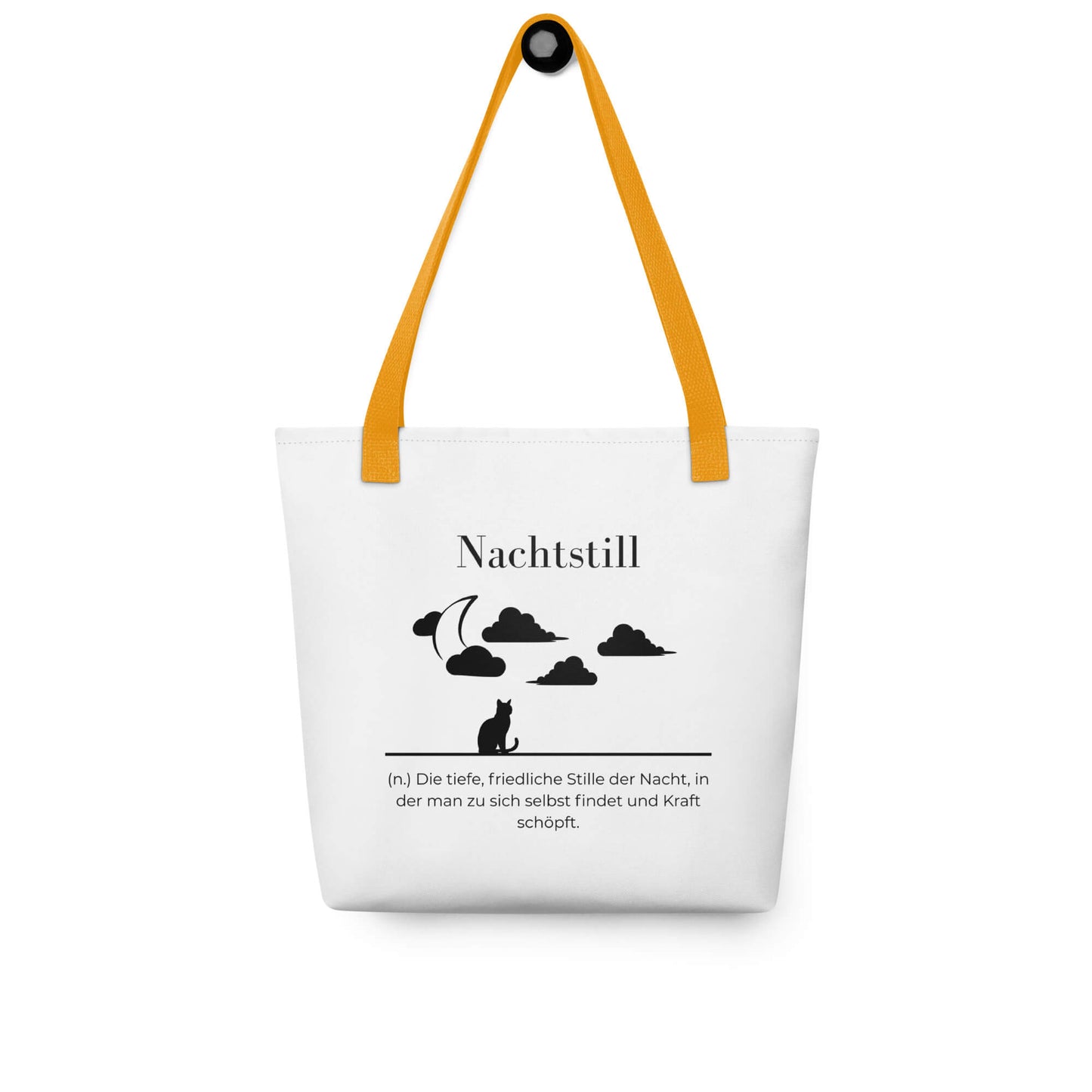 Nachtstill - Stofftasche in Yellow -White aus Polyester und Baumwolle - Premium Edition - Frontansicht hängend mit schwarzem Print