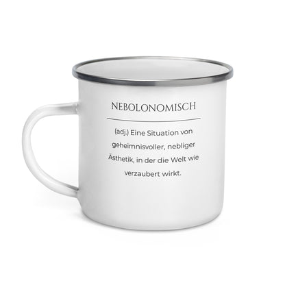 Nebolonomisch Emailletasse in Weiß - neues Wort für eine geheimnisvolle Welt - Front mit Henkel links - Wortstolz Design