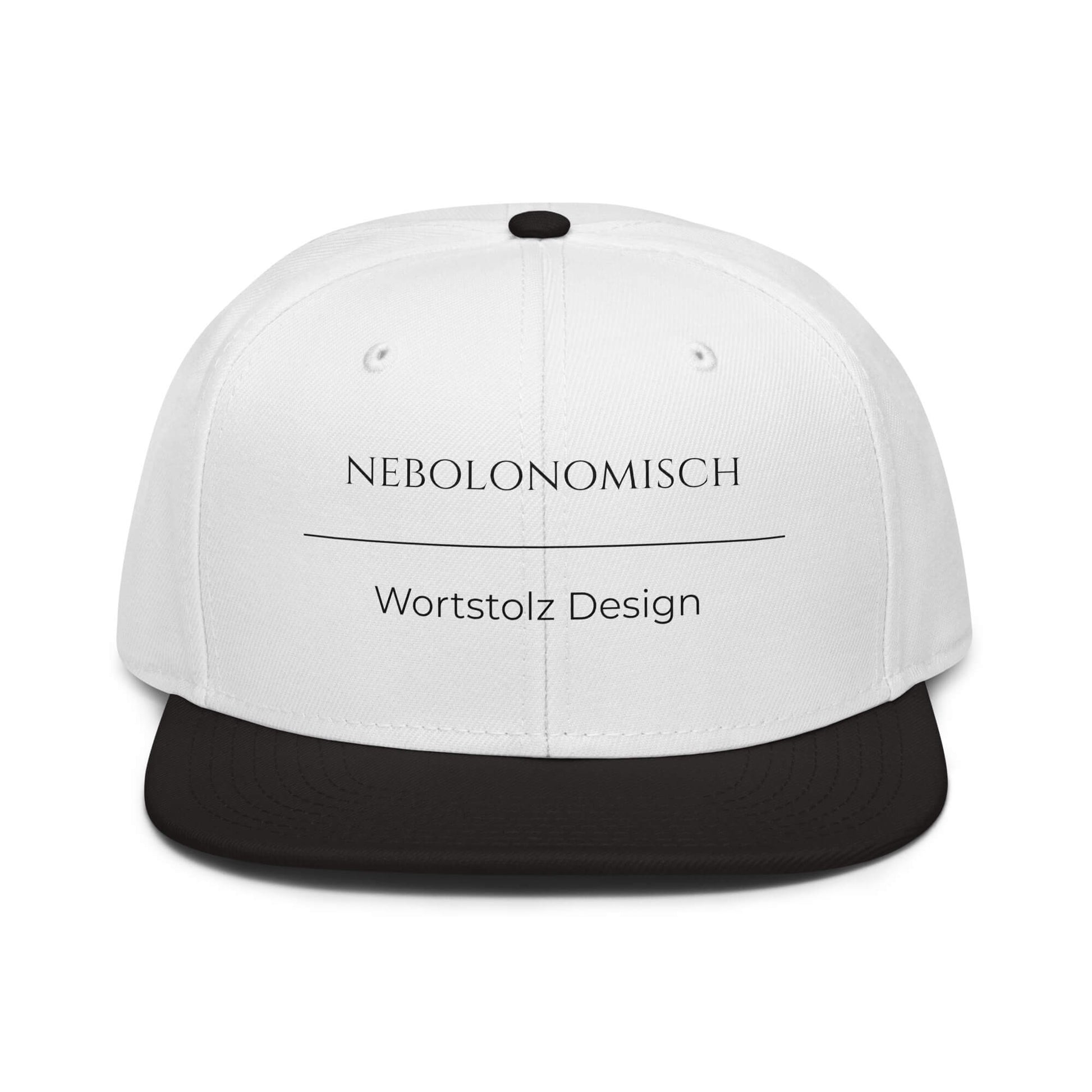 Nebolonomisch Snapback Cap in Weiß - Schwarz aus Acryl-Woll-Mix - neues Wort für eine geheimnisvolle Welt - Front - Wortstolz Design