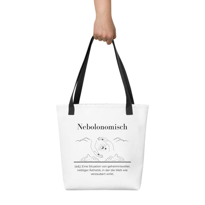 Nebolonomisch - Stofftasche in Black -White aus Polyester und Baumwolle - Premium Edition - Frontansicht haltend in Hand mit schwarzem Print