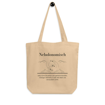 Nebolonomisch Bio-Stoffbeutel. Einkaufstasche in Oyster aus Bio-Baumwolle - Res5 Edition - Frontansicht hängend mit schwarzem Print