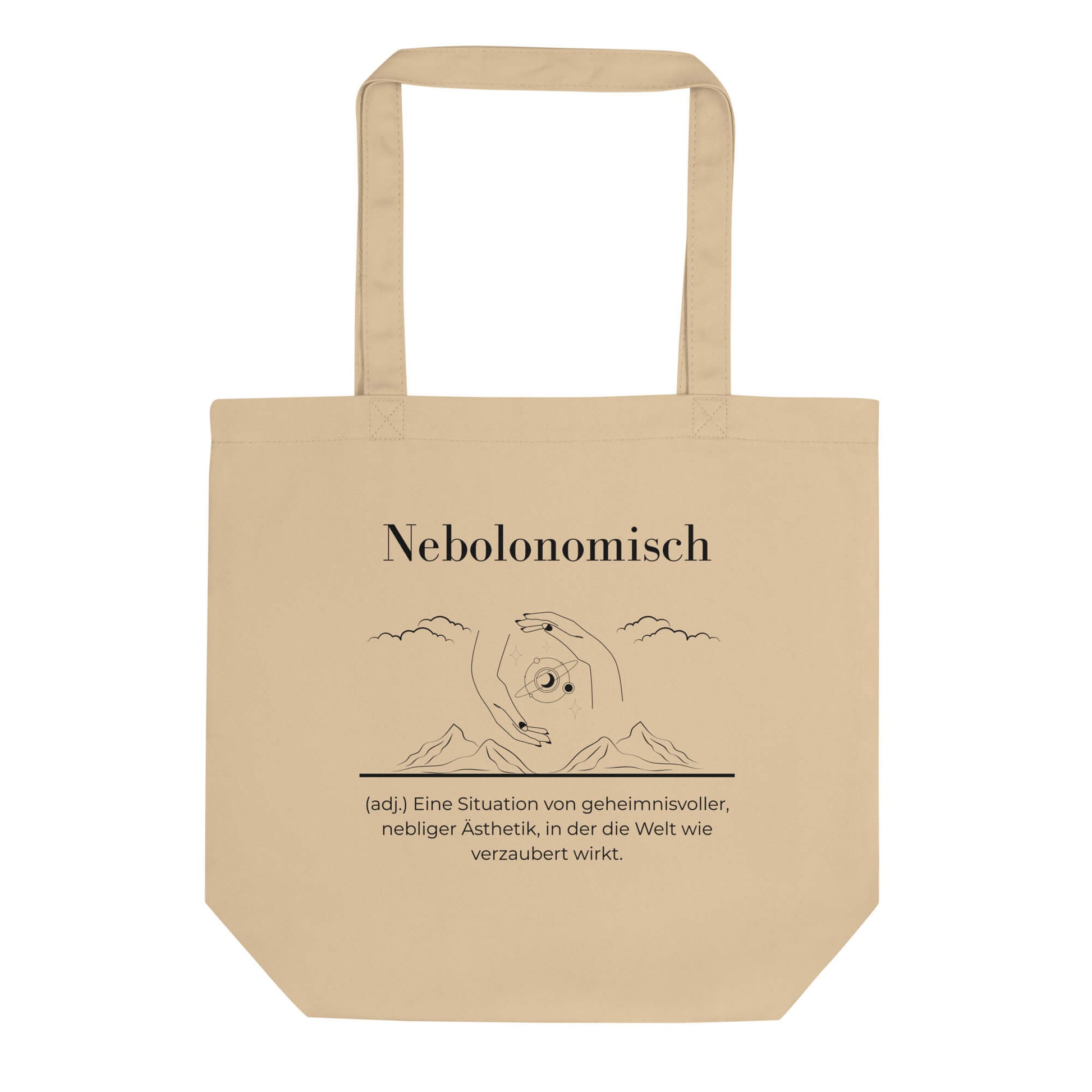 Nebolonomisch Bio-Stoffbeutel. Einkaufstasche in Oyster aus Bio-Baumwolle - Res5 Edition - Frontansichtmit schwarzem Print