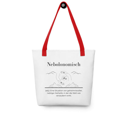 Nebolonomisch - Stofftasche in Red -White aus Polyester und Baumwolle - Premium Edition - Frontansicht hängend mit schwarzem Print