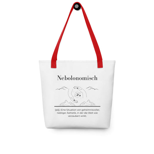 Nebolonomisch - Stofftasche in Red -White aus Polyester und Baumwolle - Premium Edition - Frontansicht hängend mit schwarzem Print