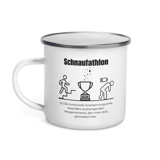 Emailletasse mit Spruch - Schnaufathlon für unterwegs in Weiß - Premium Edition  - Frontansicht mit schwarzem Print - Henkel links
