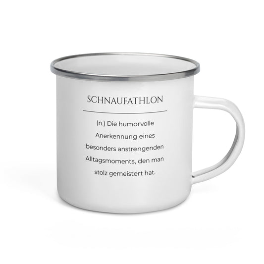 Emailletasse mit Spruch - Schnaufathlon für unterwegs in Weiß - Premium Edition  - Frontansicht mit schwarzem Print - Henkel rechts