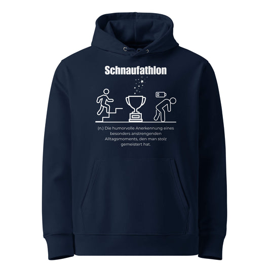 Hoodie mit Spruch - Schnaufathlon Kapuzenpullover in Marineblau aus Bio-Baumwolle - Premium Edition - Frontansicht mit weißem Print