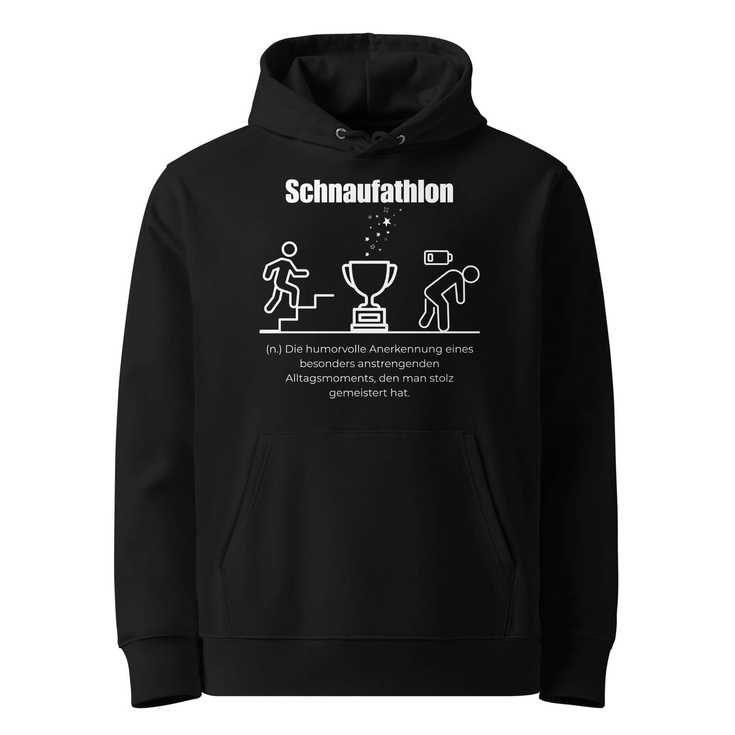 Hoodie mit Spruch - Schnaufathlon Kapuzenpullover in Schwarz aus Bio-Baumwolle - Premium Edition - Frontansicht mit weißem Print