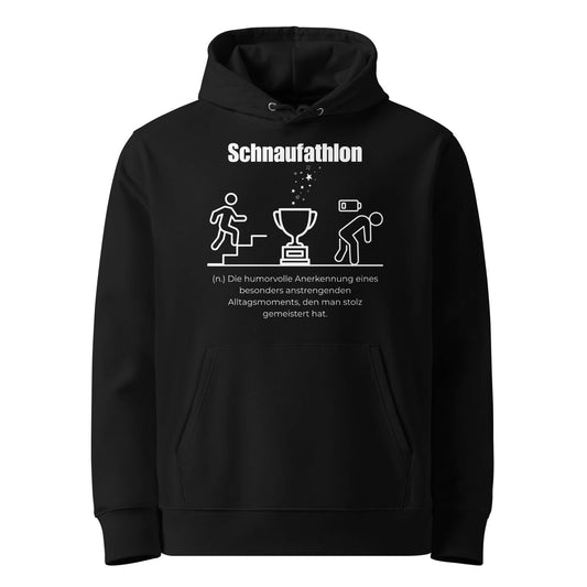 Hoodie mit Spruch - Schnaufathlon Kapuzenpullover in Schwarz aus Bio-Baumwolle - Premium Edition - Frontansicht mit weißem Print