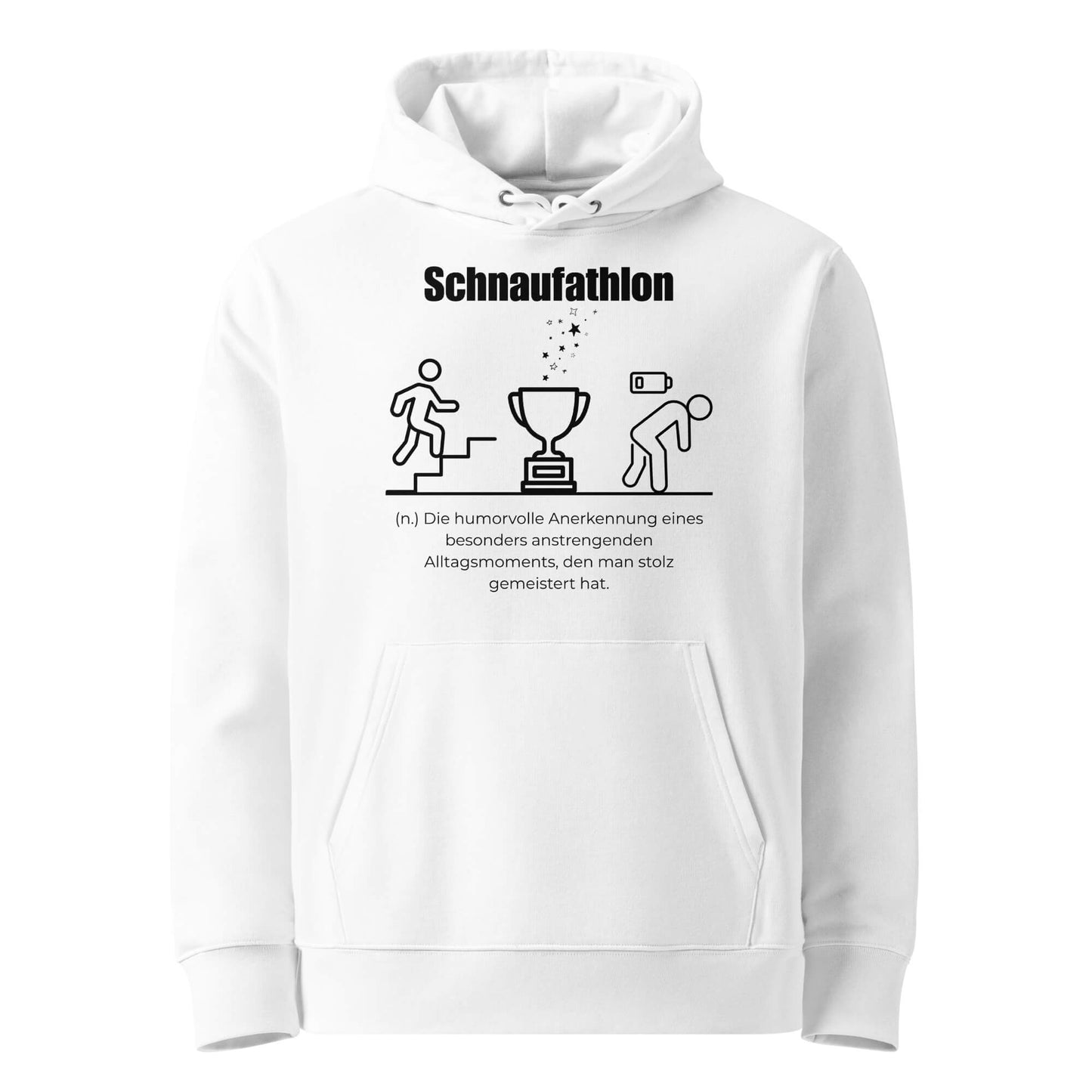 Hoodie mit Spruch - Schnaufathlon Kapuzenpullover in Weiß aus Bio-Baumwolle - Premium Edition - Frontansicht mit schwarzem Print