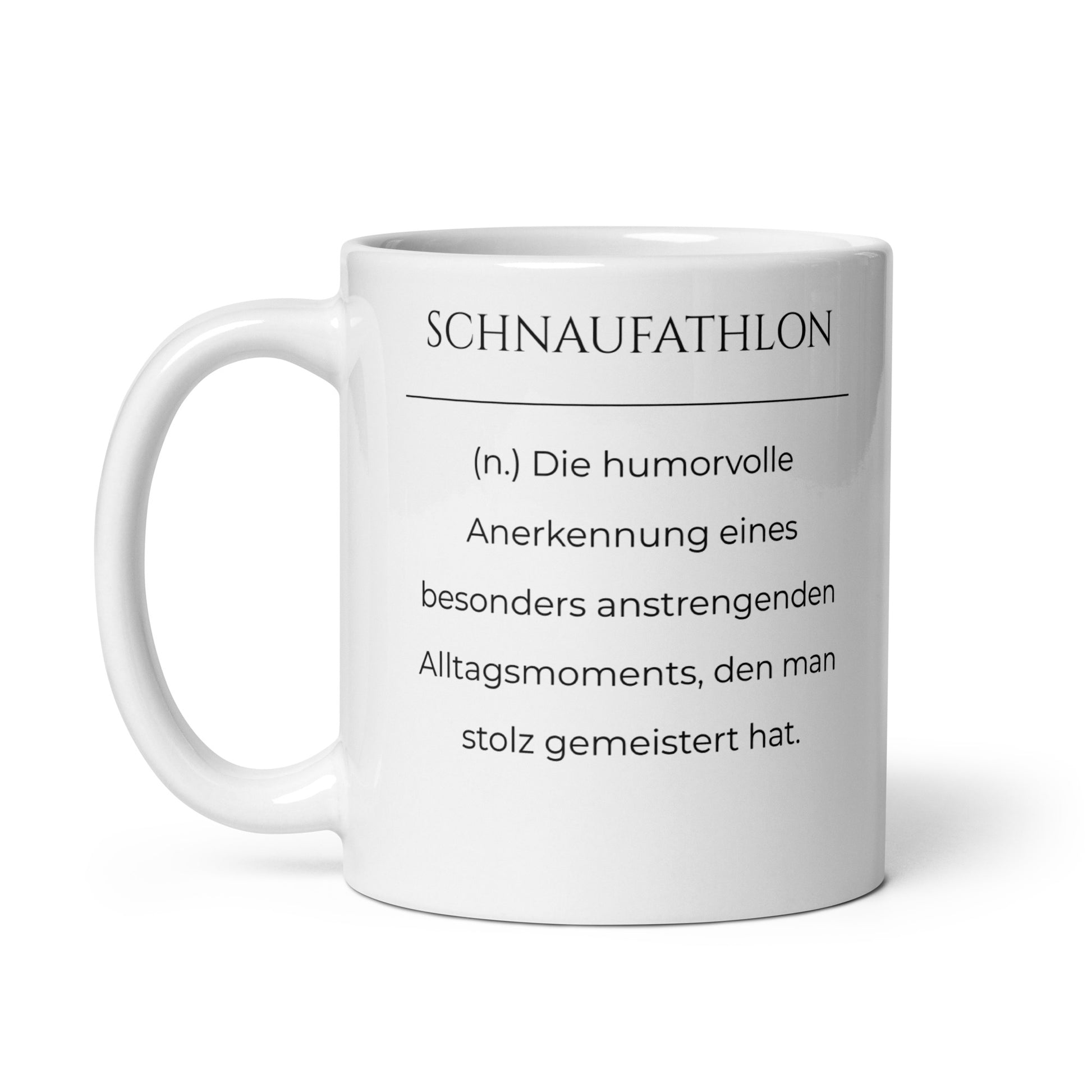 Tasse mit Spruch - Schnaufathlon Keramiktasse in Weiß - Res5 Edition  - Frontansicht mit schwarzem Print - Henkel links