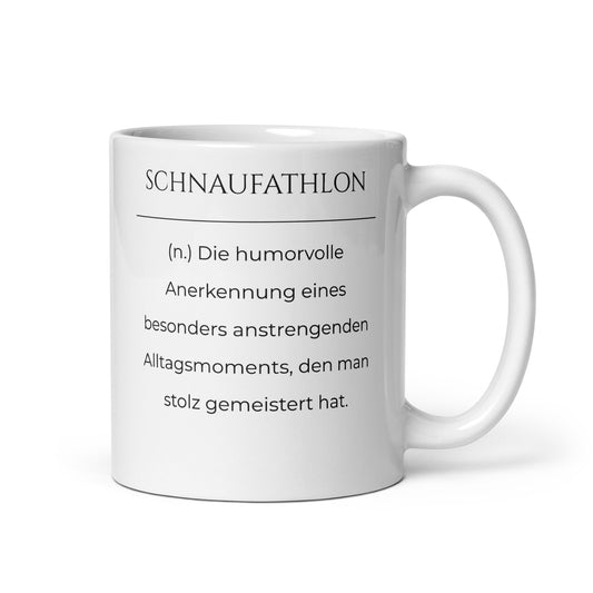 Tasse mit Spruch - Schnaufathlon Keramiktasse in Weiß - Res5 Edition  - Frontansicht mit schwarzem Print - Henkel rechts