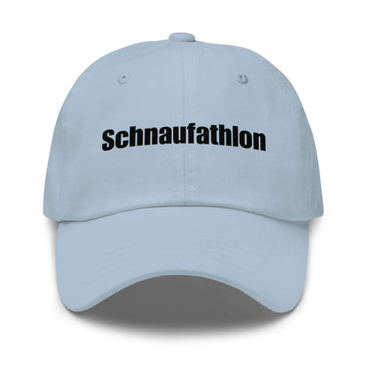 Schnaufathlon Premium Dad Cap in Stone aus Chino-Baumwoll-Twill - neues Wort für Anstrengung und Stolz - Front - Wortstolz Design