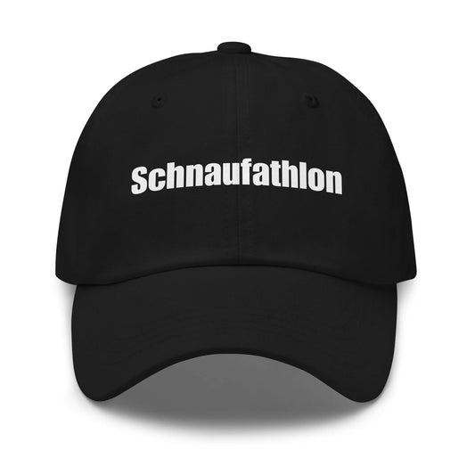 Schnaufathlon Premium Dad Cap in Schwarz aus Chino-Baumwoll-Twill - neues Wort für Anstrengung und Stolz - Front - Wortstolz Design