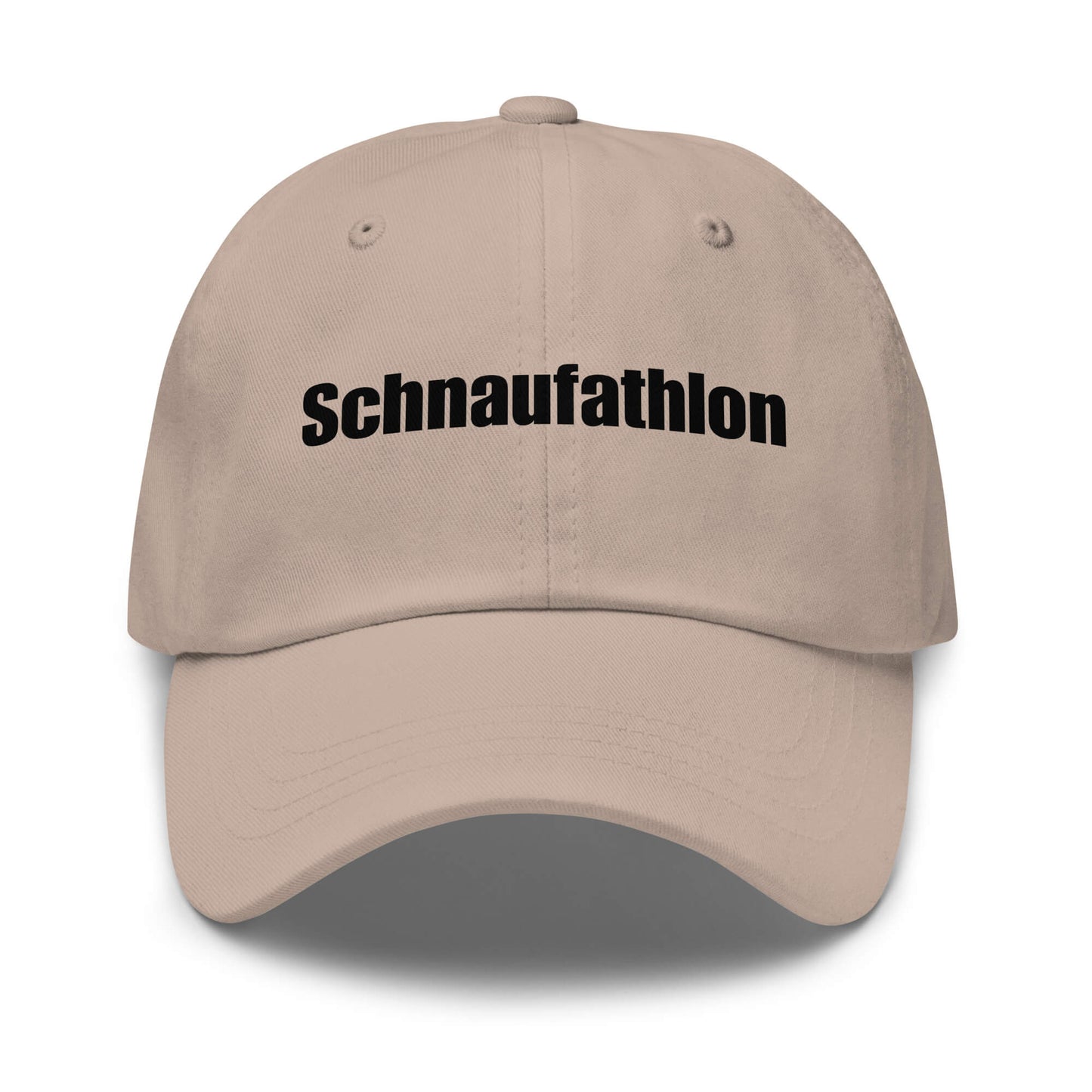 Schnaufathlon Premium Dad Cap in Stone aus Chino-Baumwoll-Twill - neues Wort für Anstrengung und Stolz - Front - Wortstolz Design