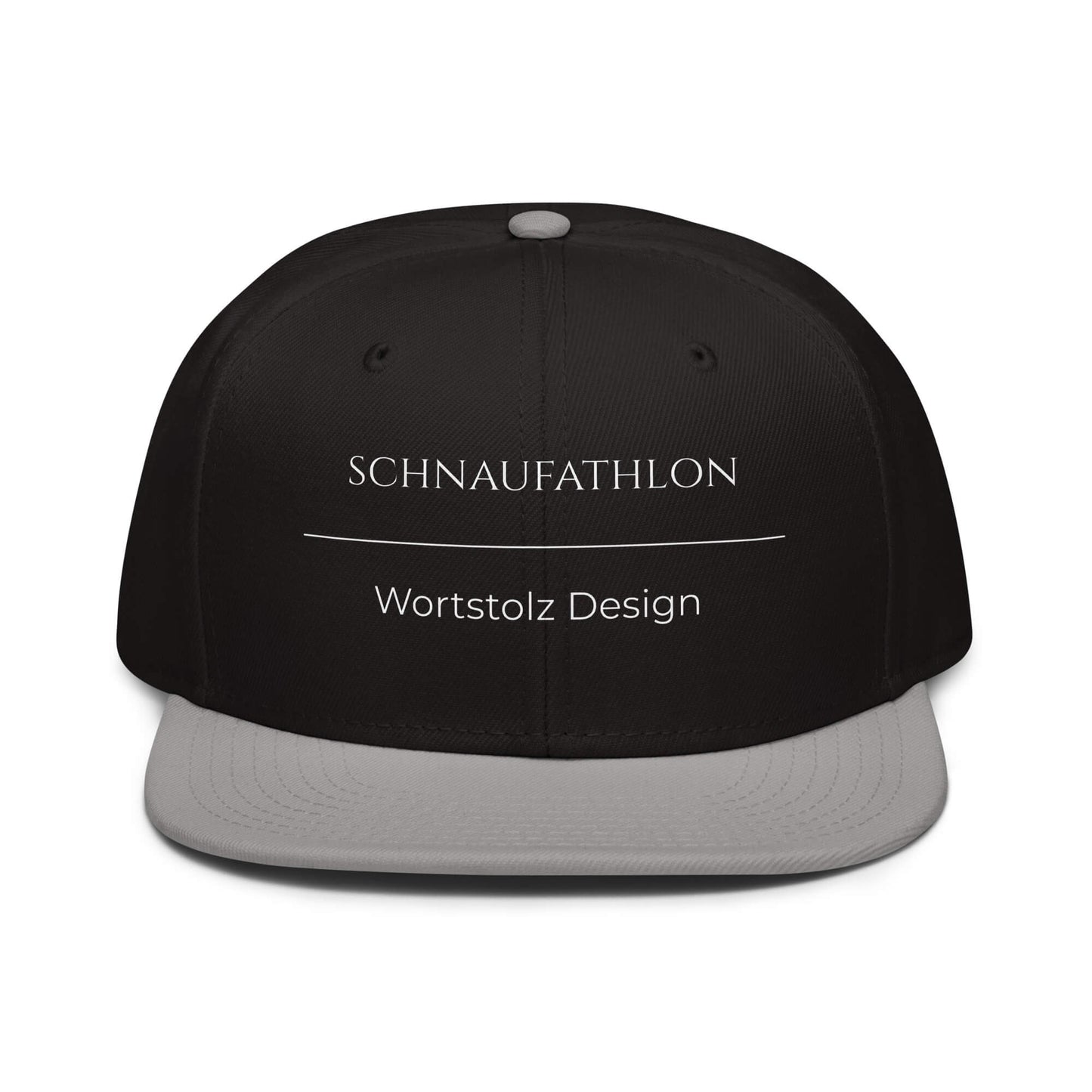 Schnaufathlon Snapback Cap in Schwarz - Grau aus Acryl-Woll-Mix - neues Wort für Anstrengung und Stolz - Front - Wortstolz Design