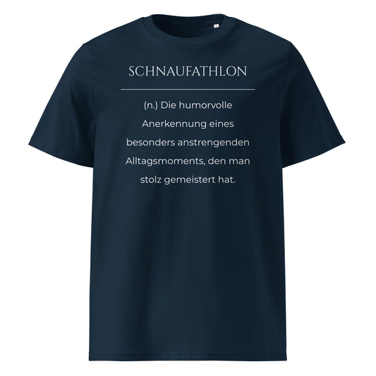 T-Shirt mit Spruch - Schnaufathlon T-Shirt in Marineblau aus 180g/m² Bio-Baumwolle, Premium Edition, Frontansicht mit weißem Print