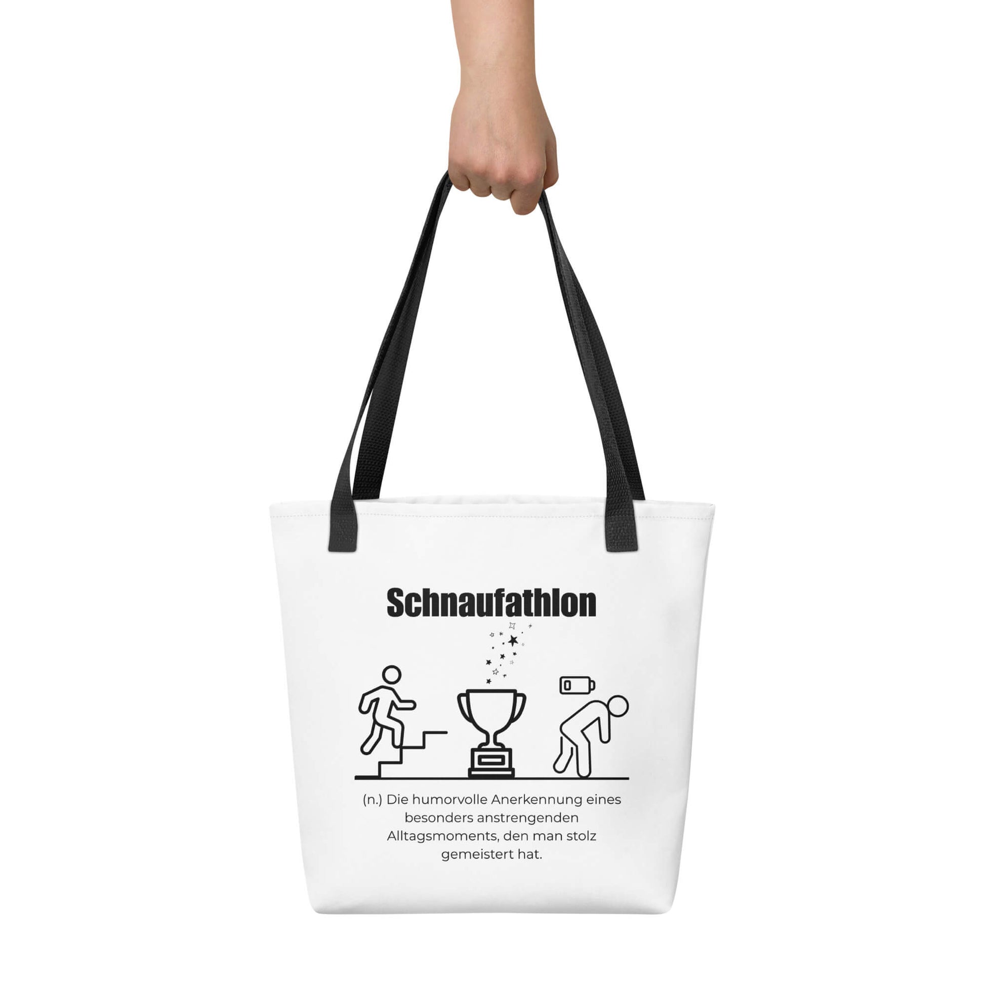Schnaufathlon - Stofftasche in Black -White aus Polyester und Baumwolle - Premium Edition - Frontansicht haltend in Hand mit schwarzem Print