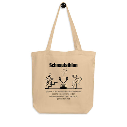Schnaufathlon Bio-Stoffbeutel. Einkaufstasche in Oyster aus Bio-Baumwolle - Res5 Edition - Frontansicht hängend mit schwarzem Print