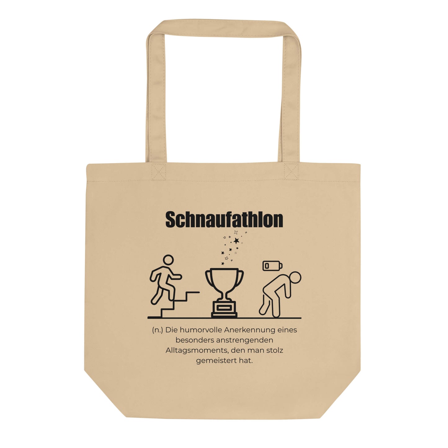 Schnaufathlon Bio-Stoffbeutel. Einkaufstasche in Oyster aus Bio-Baumwolle - Res5 Edition - Frontansichtmit schwarzem Print