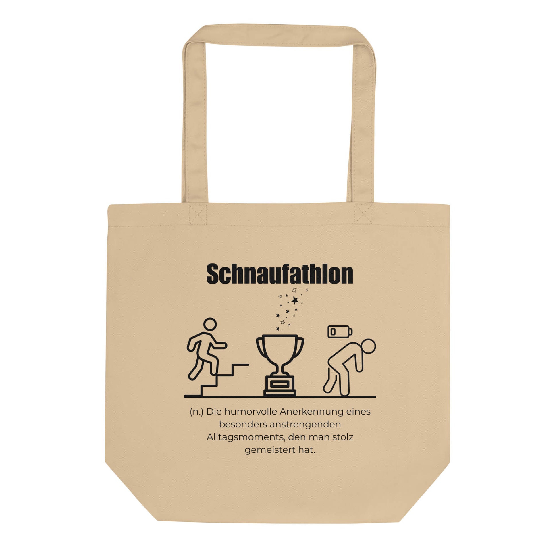 Schnaufathlon Bio-Stoffbeutel. Einkaufstasche in Oyster aus Bio-Baumwolle - Res5 Edition - Frontansichtmit schwarzem Print