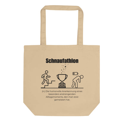 Schnaufathlon Bio-Stoffbeutel. Einkaufstasche in Oyster aus Bio-Baumwolle - Res5 Edition - Frontansichtmit schwarzem Print