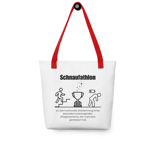 Schnaufathlon - Stofftasche in Red -White aus Polyester und Baumwolle - Premium Edition - Frontansicht hängend mit schwarzem Print