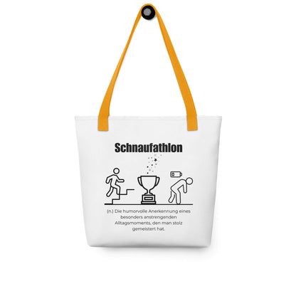 Schnaufathlon - Stofftasche in Yellow -White aus Polyester und Baumwolle - Premium Edition - Frontansicht hängend mit schwarzem Print