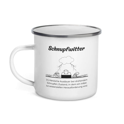 Geschenk Tasse - Schnupfwitter Emailletasse in Weiß - Premium Edition  - Frontansicht mit schwarzem Print - Henkel links