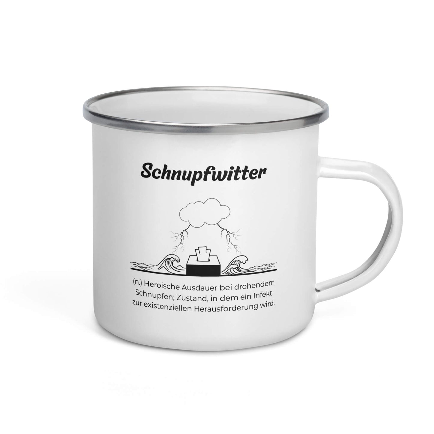 Geschenk Tasse - Schnupfwitter Emailletasse in Weiß - Premium Edition  - Frontansicht mit schwarzem Print - Henkel rechts