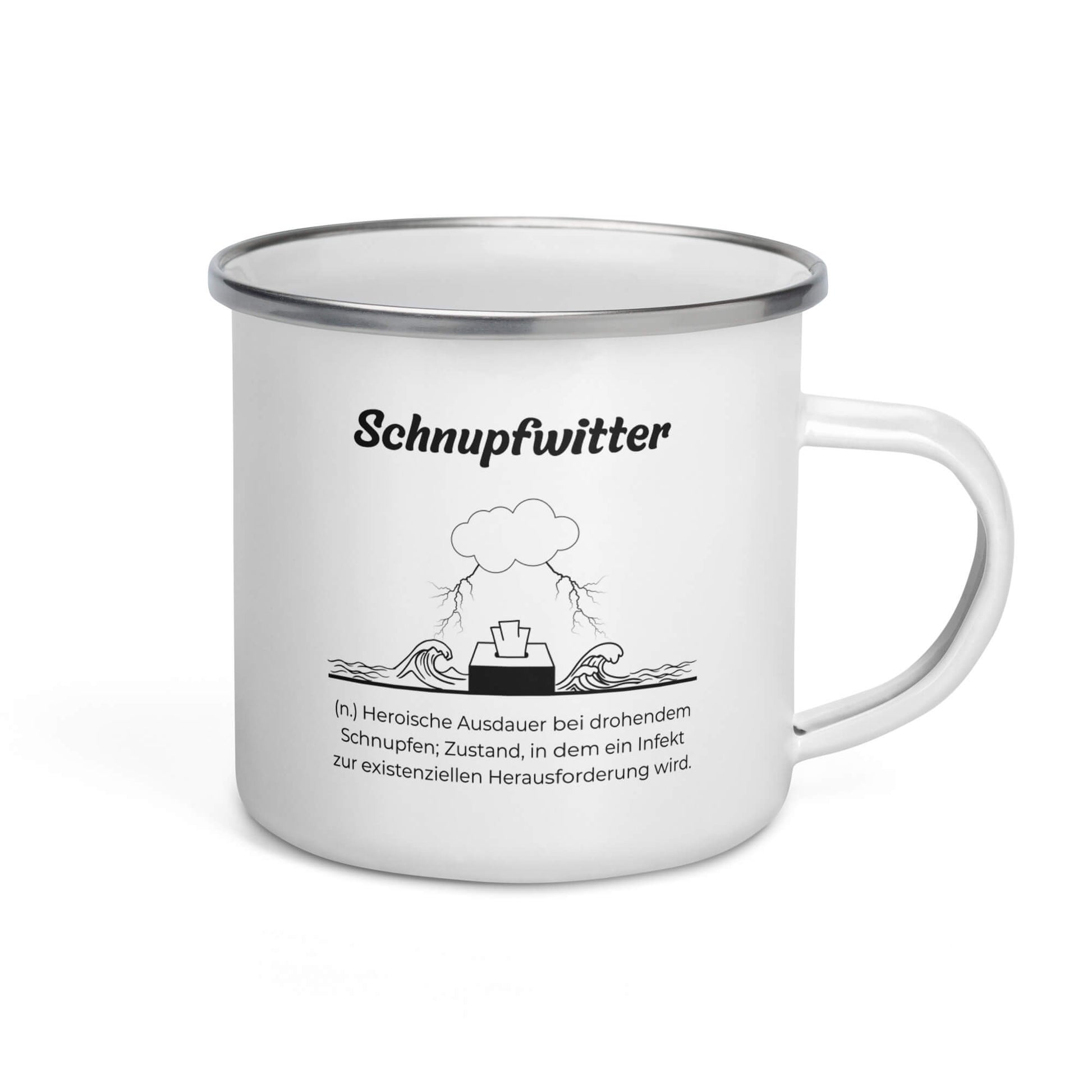Geschenk Tasse - Schnupfwitter Emailletasse in Weiß - Premium Edition  - Frontansicht mit schwarzem Print - Henkel rechts